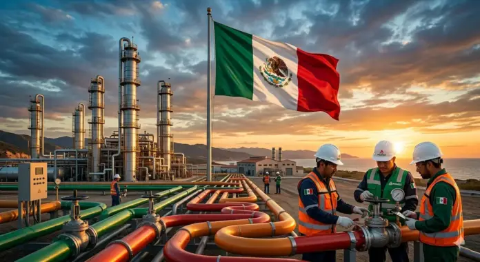 gas-natural-mexico Gas natural México: Planta de procesamiento con bandera mexicana y ductos energéticos