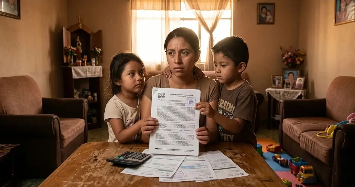 madressolaspensionalimenticia México Ahora Madre mexicana con hijos revisando pensión alimenticia y documentos de manutención