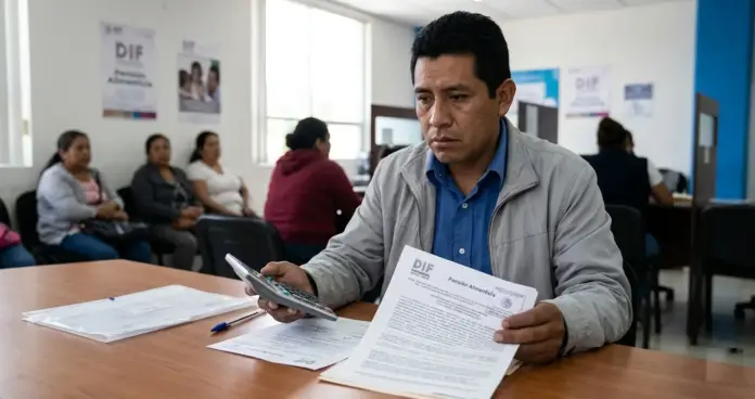 Pensión alimenticia México: padre revisando documentos legales de manutención infantil
