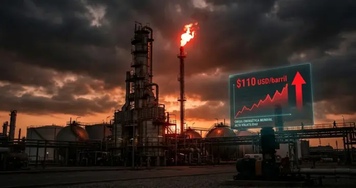 Petróleo Irán: Gráfico de precios del barril superando $100 con refinería de fondo