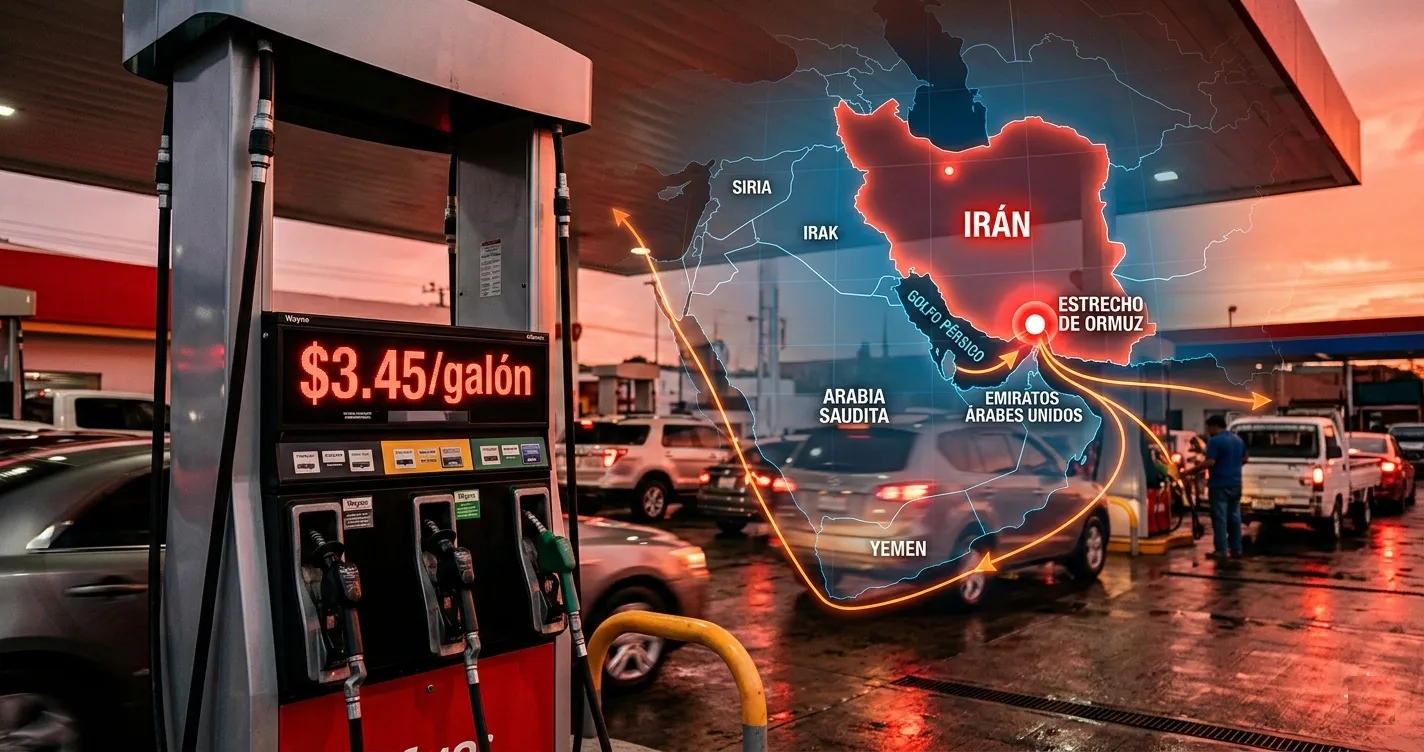 petroleoiranimpacto México Ahora Petróleo Irán Bomba de gasolina mostrando precios al alza con mapa de Medio Oriente