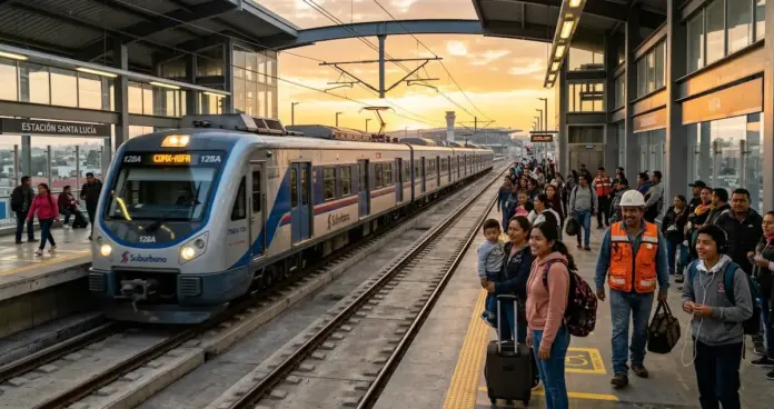 tren-suburbano-aifa Tren Suburbano AIFA moderno llegando a estación con pasajeros esperando