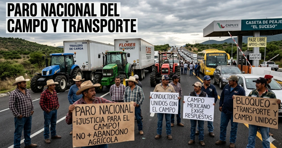 Paro nacional de agricultores y transportistas con bloqueo carretero en México y casetas con pase libre