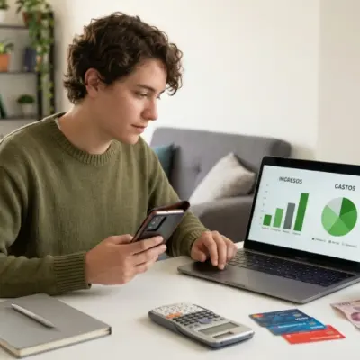 Persona organizando sus finanzas personales en casa con laptop celular y gráficos de ingresos y gastos
