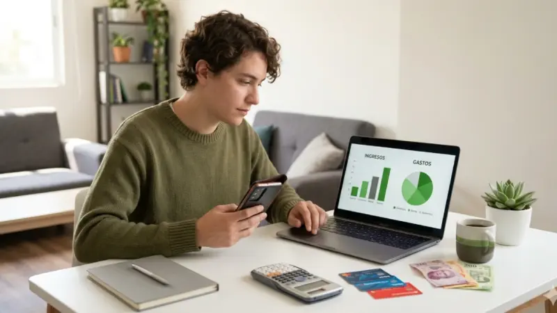 Persona organizando sus finanzas personales en casa con laptop celular y gráficos de ingresos y gastos