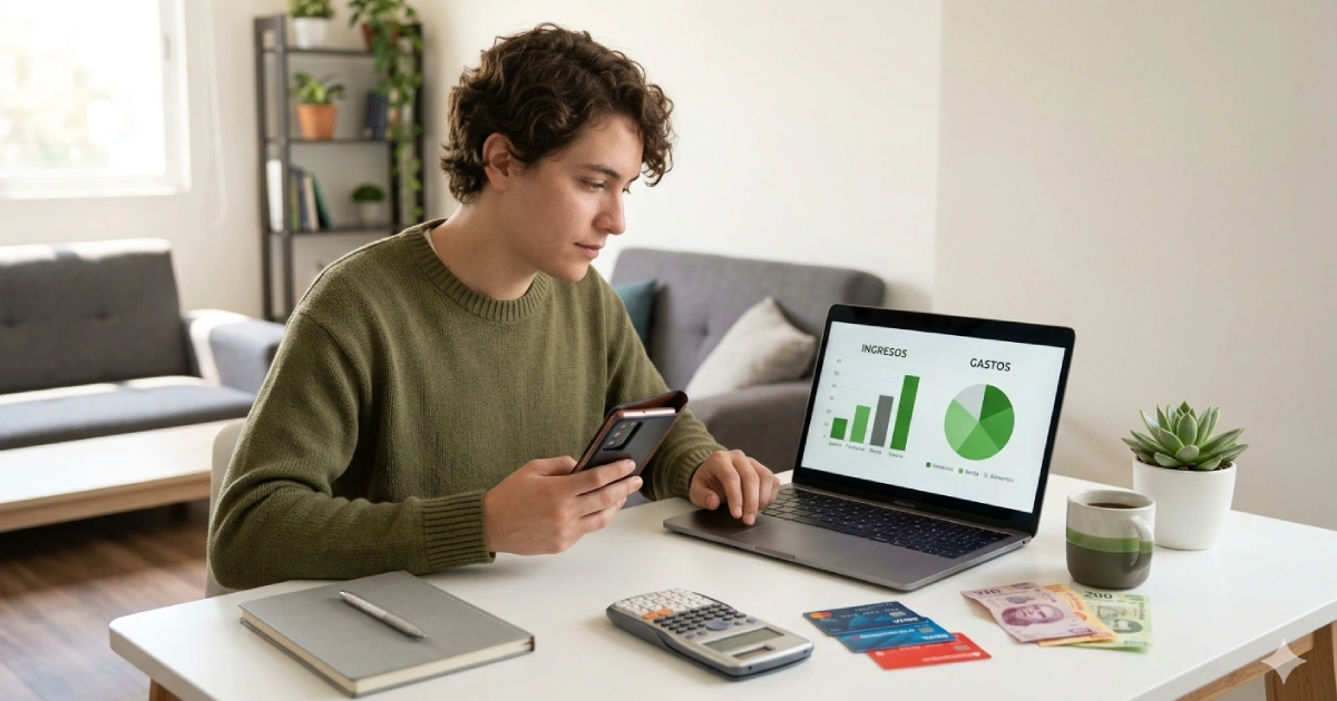 Persona organizando sus finanzas personales en casa con laptop celular y gráficos de ingresos y gastos