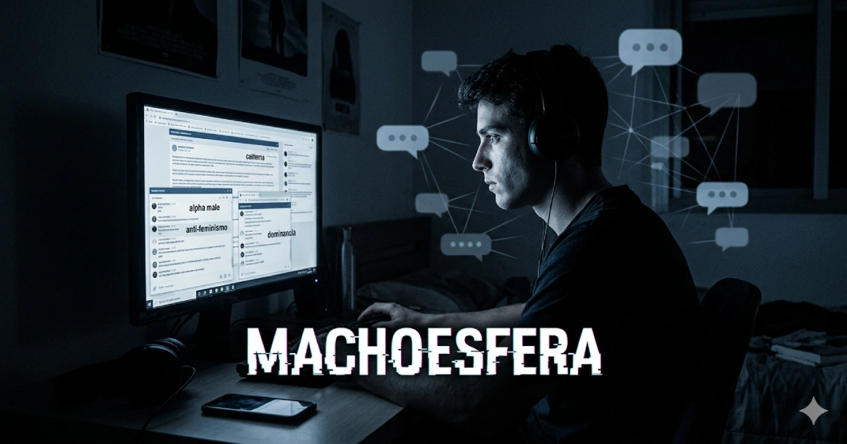 Joven navegando en foros digitales asociados a la machoesfera reflejando comunidades en línea con ideologías antifeministas y masculinidad agresiva