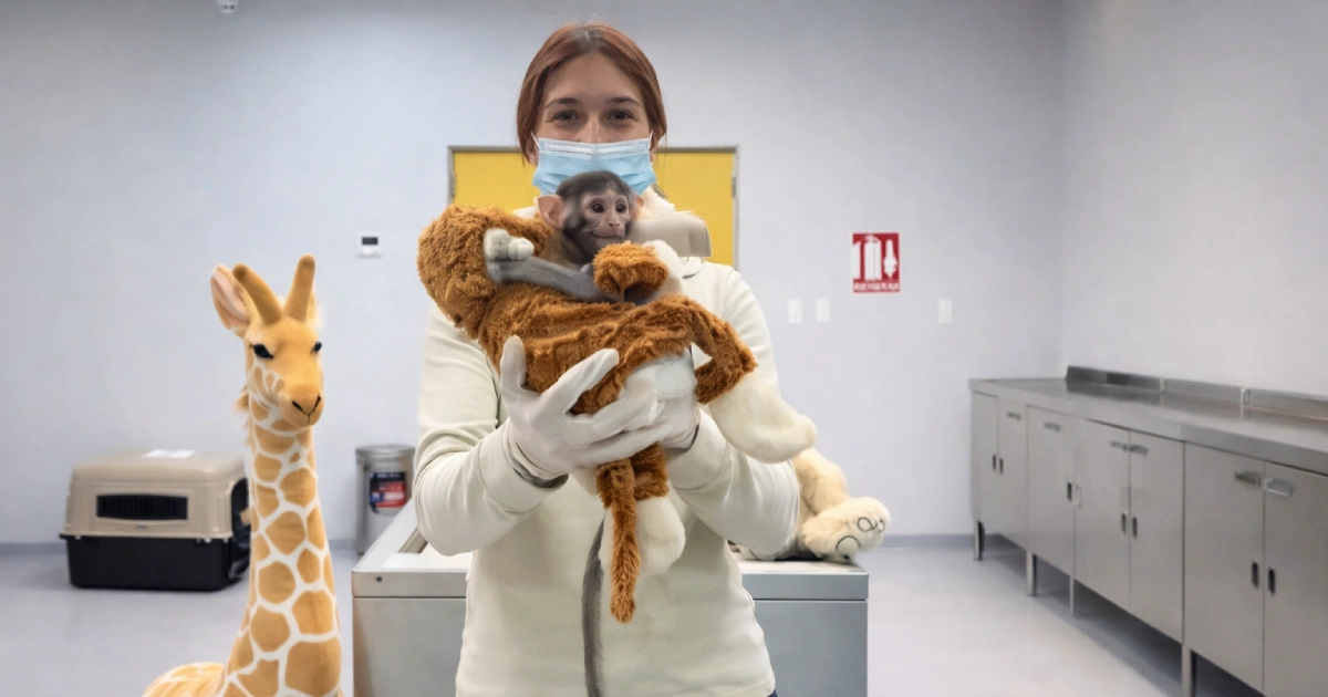 Cuidadora con mono bebé y jirafa plush