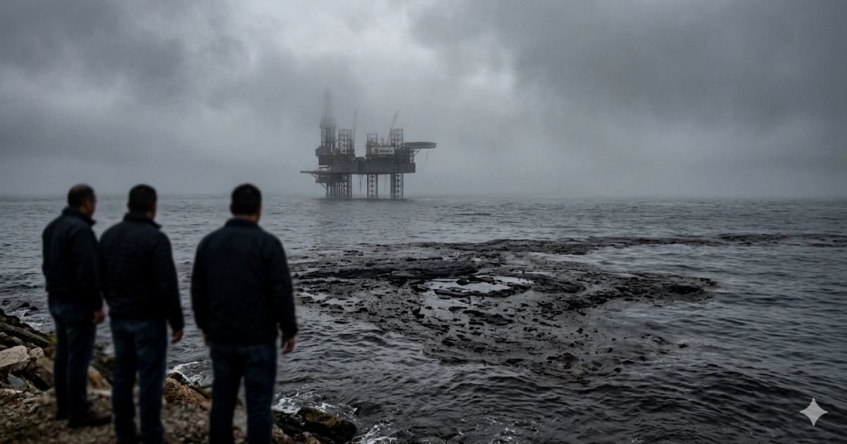 Derrame de petróleo en el Golfo de México provocado por ducto de Pemex con mancha oscura en el mar y plataforma petrolera al fondo