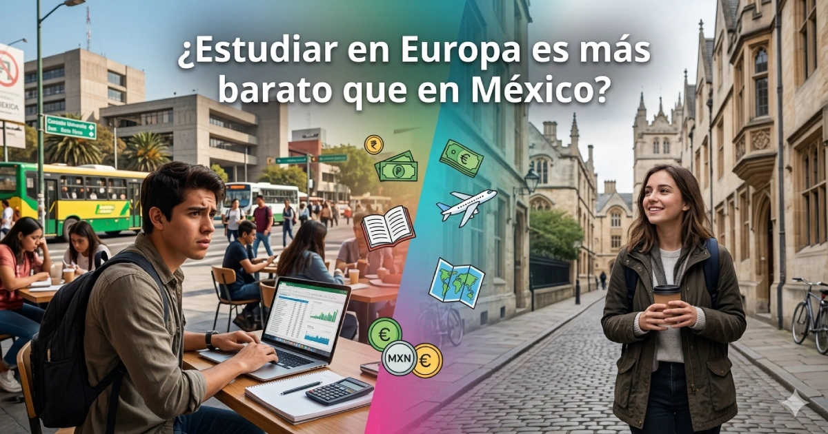 Estudiantes comparando costos de estudiar en Europa y México mostrando diferencias en calidad de vida colegiaturas y oportunidades laborales