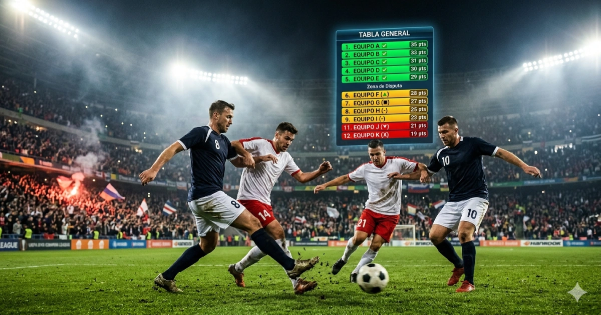 Action packed soccer moment four players battle for the ball on a well lit crowded stadium field A scoreboard looms in the background labeled TABLA GENERAL