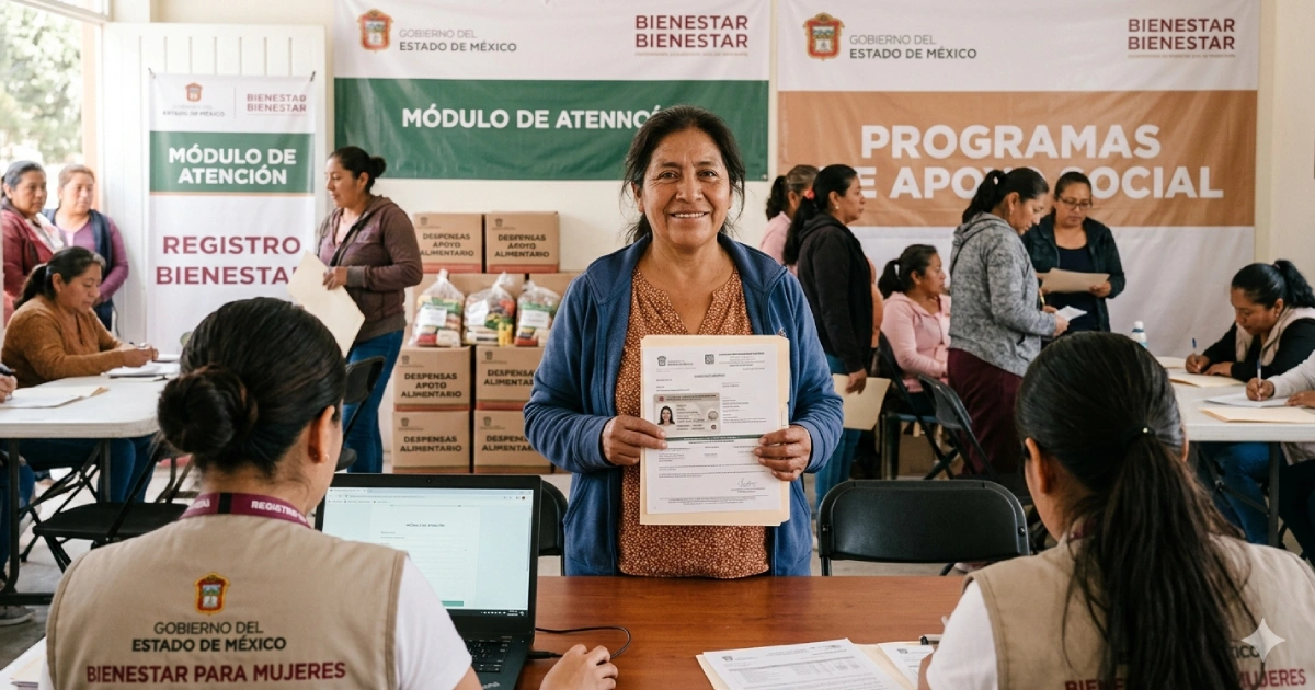 Mujer de 50 a 64 años realiza registro para la Canasta Alimentaria Bienestar 2026 en el Estado de México presentando documentos oficiales en módulo gubernamental