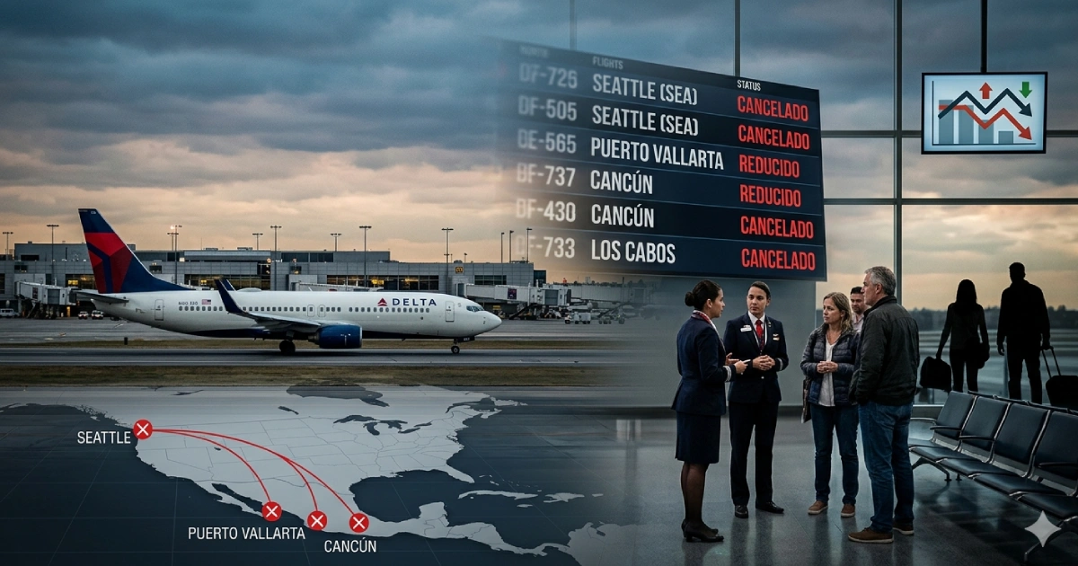 Avión de Delta Air Lines en aeropuerto con rutas afectadas hacia destinos turísticos de México como Cancún Puerto Vallarta y Los Cabos reflejando reducción de vuelos internacionales