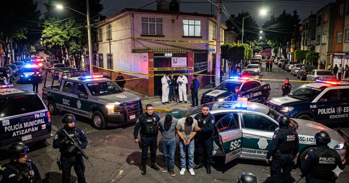 Operativo de seguridad en Azcapotzalco tras la detención de presuntos responsables del asesinato de una familia con policías patrullas y vivienda acordonada