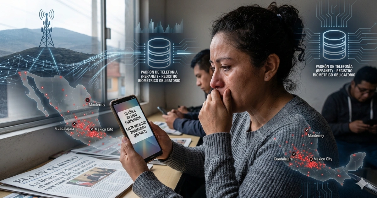 Usuario mexicano observa su celular con línea suspendida tras la implementación del nuevo Padrón de Telefonía México que dio de baja millones de números prepago