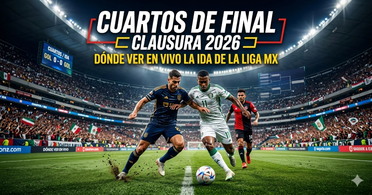 Cuartos de Final Clausura 2026 Liga MX con futbolistas en acción durante partidos de ida en estadio iluminado y ambiente deportivo vibrante