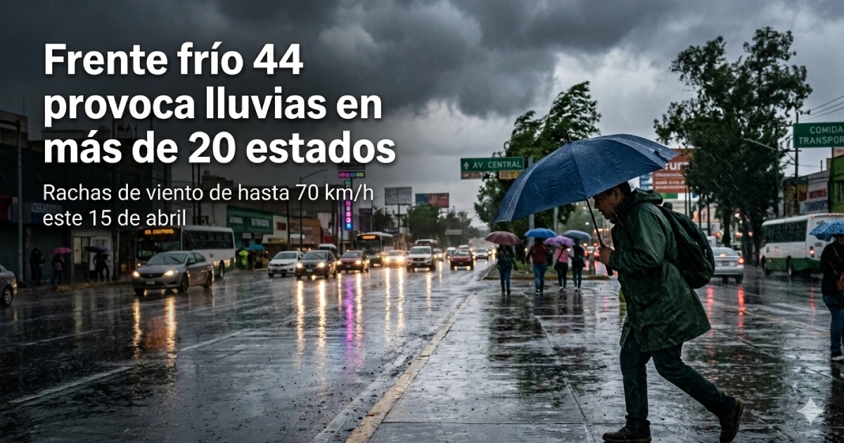 Noticia sobre el frente frío 44 que provoca lluvias en más de 20 estados gente con paraguas en calle mojada