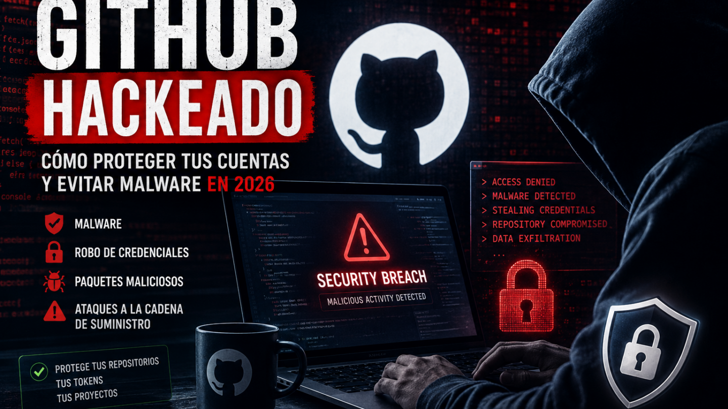 Hooded hacker typing on a laptop with a red Security Breach warning and GitHub logo in the background illustrating a cyberattack