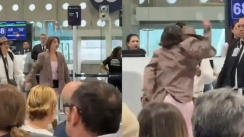 Mujer golpea a guardias de seguridad por llegar tarde a su vuelo en AICM