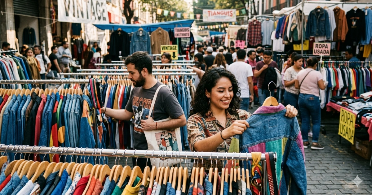 Personas comprando ropa de segunda mano en México en un mercado vintage reflejando el crecimiento del consumo de moda sustentable en el país