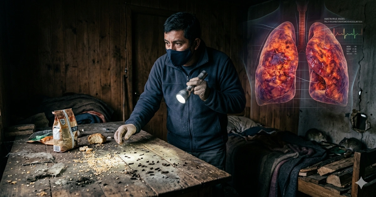 Persona inspeccionando una vivienda rural contaminada por roedores mientras una ilustración médica muestra daños pulmonares causados por el Hantavirus Andes una enfermedad letal transmitida por ratones