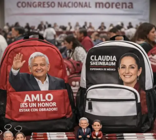 Regalan mochilas con souvenirs de AMLO y Sheinbaum en Congreso de Morena
