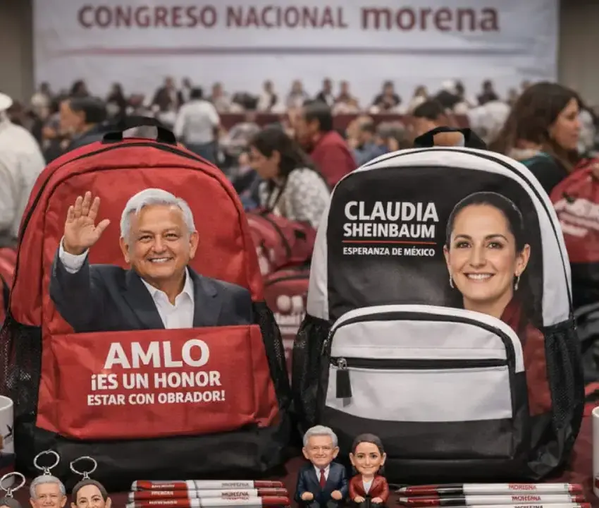 Regalan mochilas con souvenirs de AMLO y Sheinbaum en Congreso de Morena