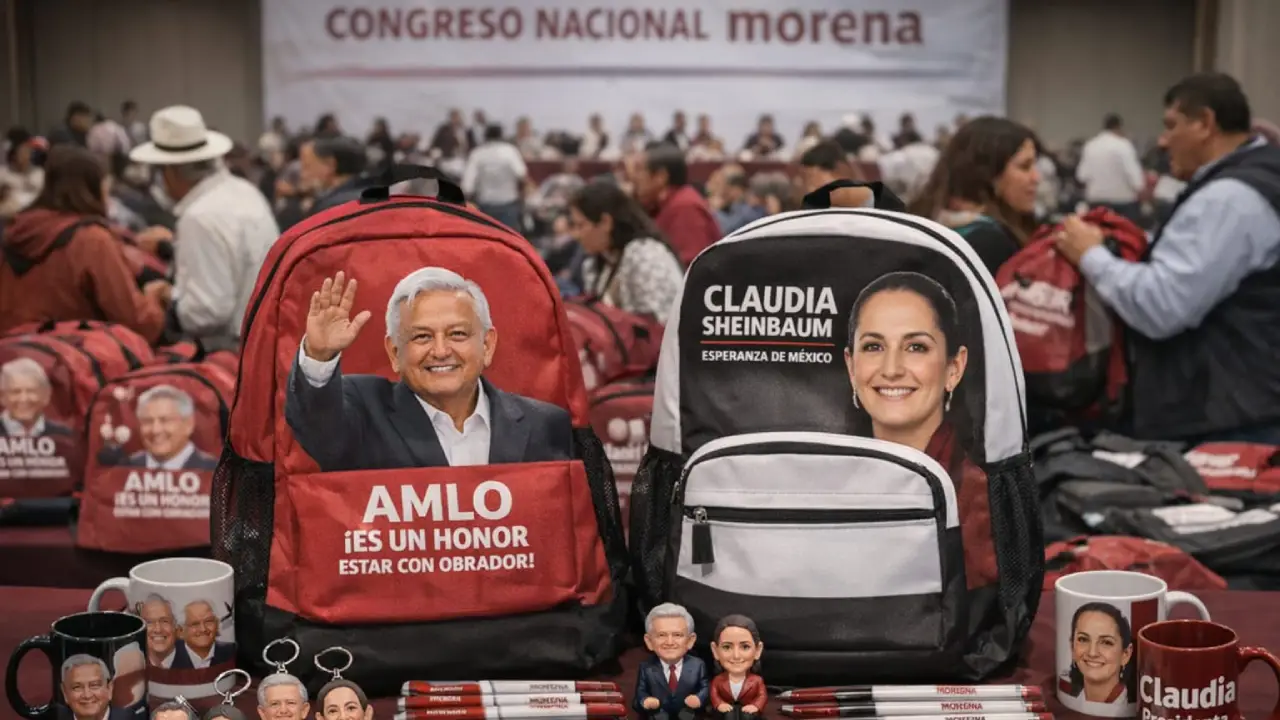 Regalan mochilas con souvenirs de AMLO y Sheinbaum en Congreso de Morena