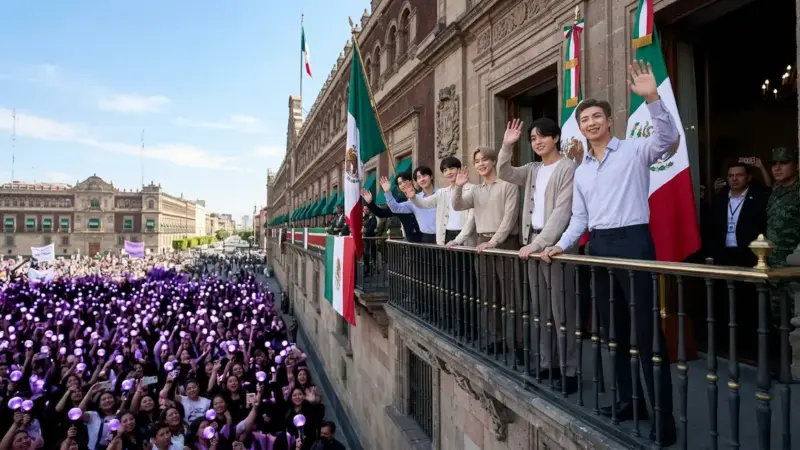 BTS Palacio Nacional saludo desde balcón al Zócalo con miles de ARMY