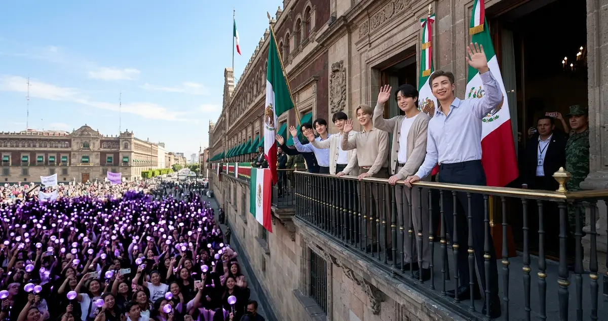 BTS Palacio Nacional saludo desde balcón al Zócalo con miles de ARMY