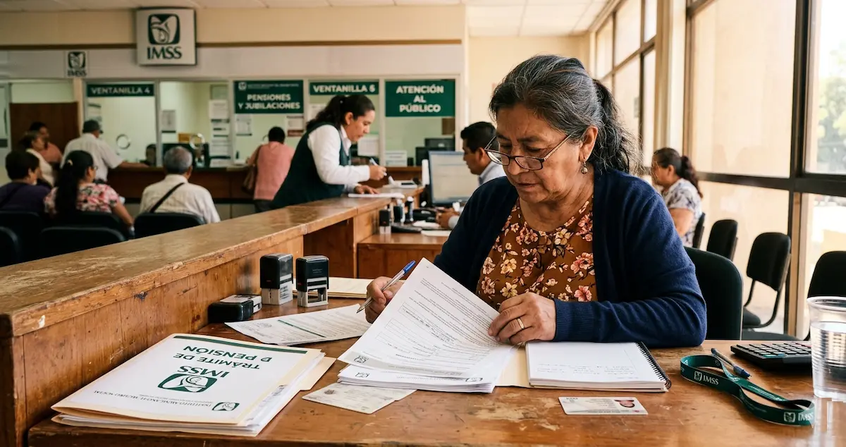 Pensionado IMSS revisando documentos de pensión Ley 73 en oficina del instituto