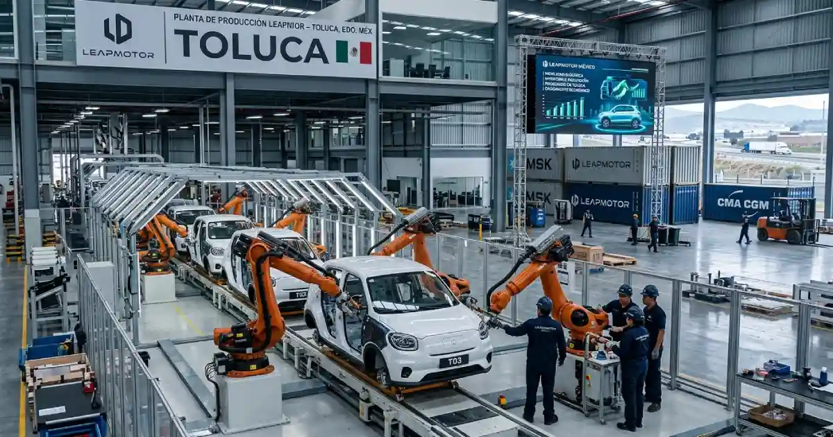 Leapmotor planta de producción en México moderna fábrica de vehículos eléctricos en Toluca con líneas automatizadas de ensamblaje tecnología industrial avanzada y producción automotriz sustentable