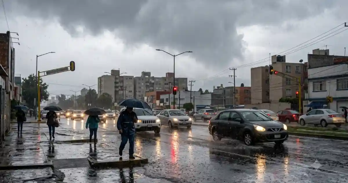 Lluvias intensas en el Estado de México provocan calles mojadas tránsito lento y personas caminando con paraguas bajo un cielo nublado en el Valle de México