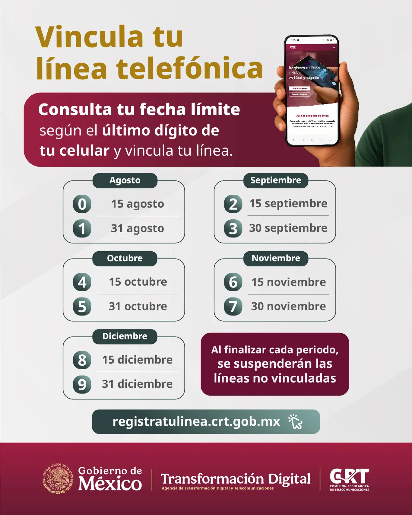 Fecha límite del registro celular en México se extiende hasta diciembre | Banner promoting linking your phone line with a smartphone showing months and dates in rounded boxes and a footer with government logos