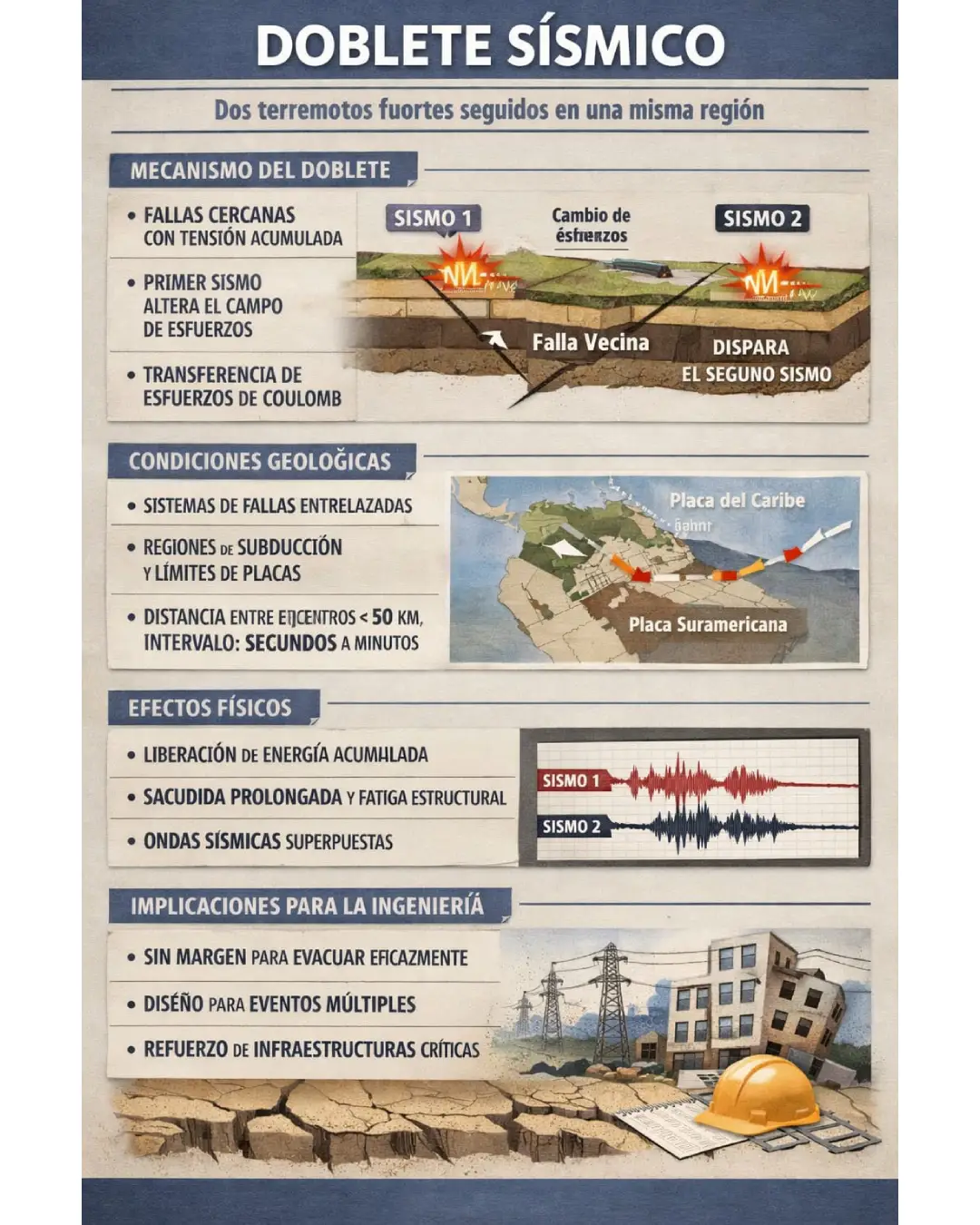 Doblete sísmico en Venezuela el fenómeno que agravó la tragedia | Infographic en español sobre un doble sismo en la misma región con secciones de mecanismo condiciones geológicas efectos y ingeniería