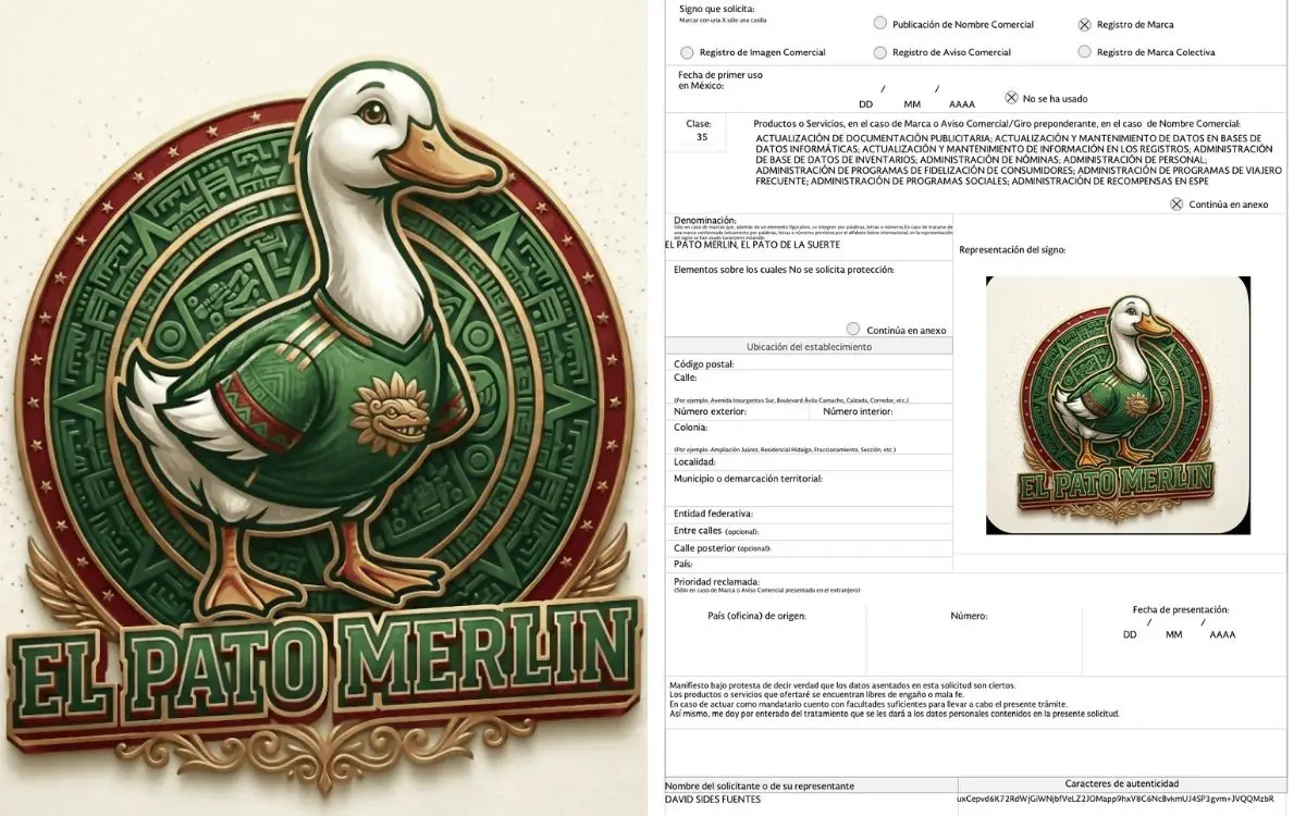 Marca del Pato Merlín enfrentó intentos de registro antes de su familia | El Pato Merlin logo a green clad duck inside a circular ornate emblem with the name EL PATO MERLIN beneath shown next to a scanned form page in the image
