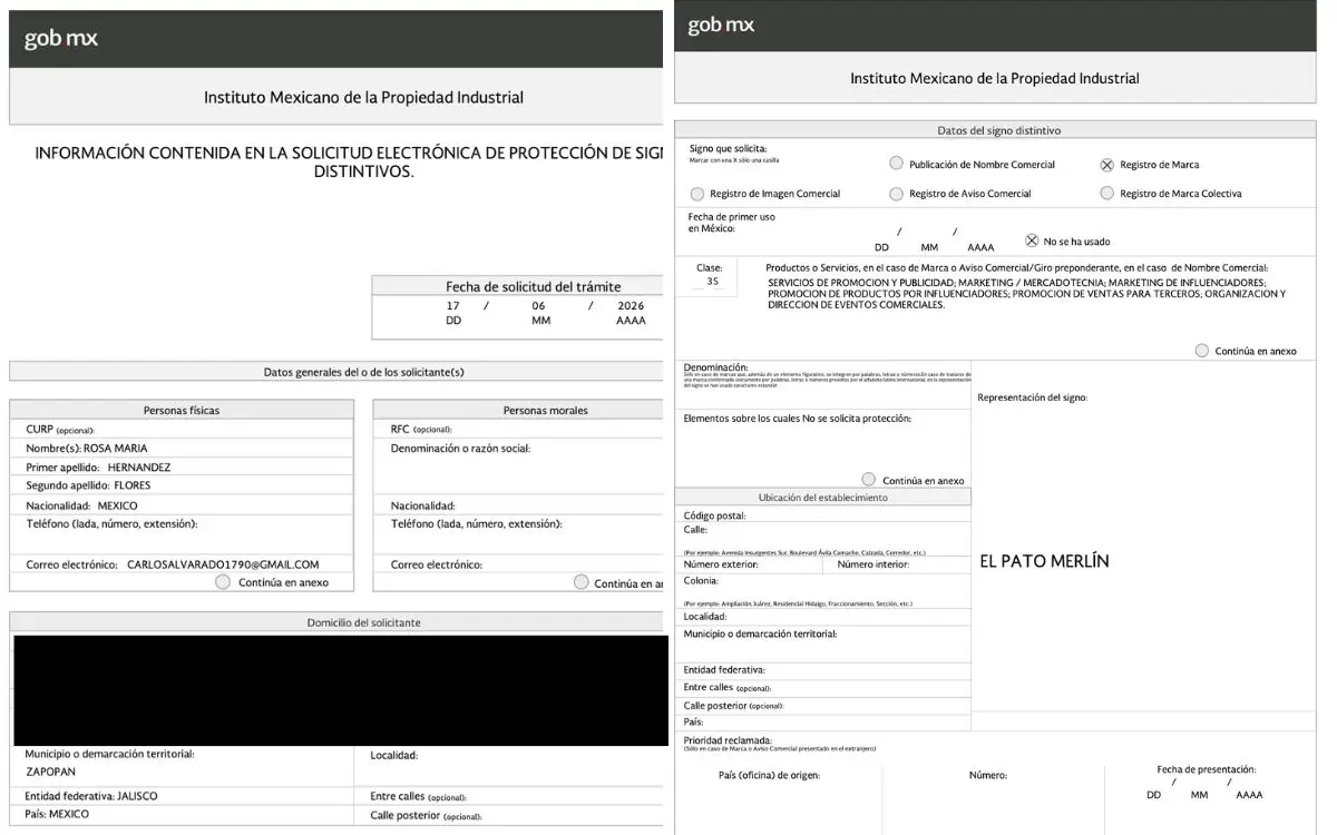 Marca del Pato Merlín enfrentó intentos de registro antes de su familia | Two screenshots of a Mexican government form for trademarkindustrial propiedad protection with sections for applicant data and address gobmx