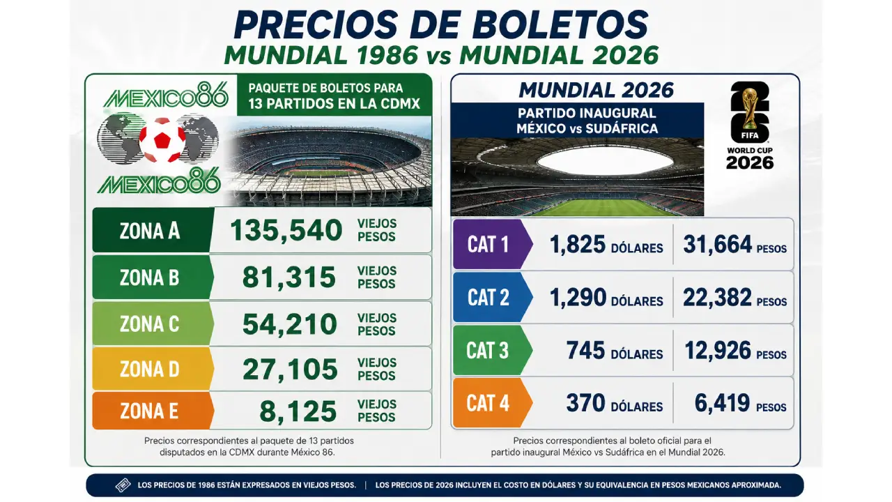 Infographic comparing 1986 and 2026 World Cup ticket prices by zone and category Mexico 86 vs World Cup 2026