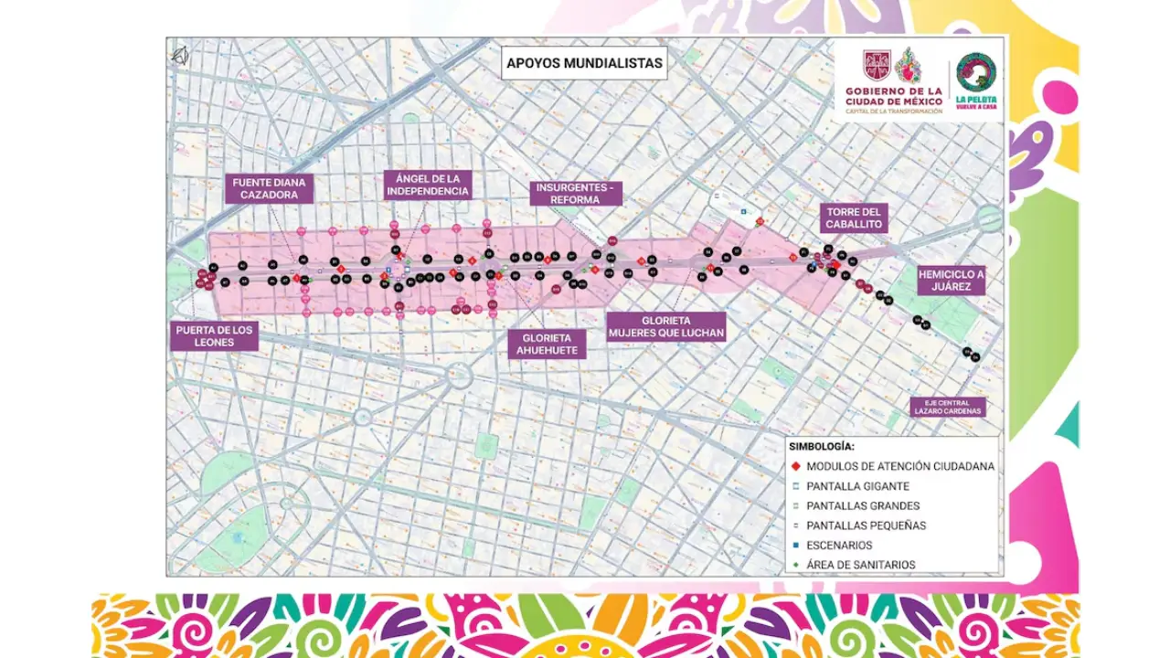Apoyos Mundialistas CDMX ubica los módulos para el México vs Inglaterra | Mapa urbano con una ruta central marcada y puntos de color rojo y negro rodeado de etiquetas moradas de lugares emblemáticos Ángel de la Independencia Puerta de los Leones etc