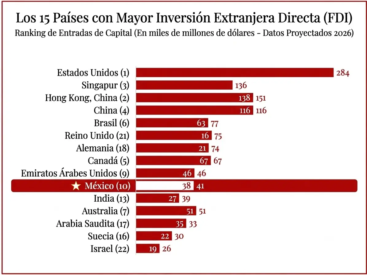 México regresa al Top 10 mundial en captación de inversión extranjera directa | Bar chart of the 15 countries with the largest inward FDI showing inflows in trillions of dollars projected 2026 United States leads with 284 Mexico is highlighted with a long bar 3841 followed by Hong Kong China Brazil the United Kingdom Germany Canada UAE India Australia Saudi Arabia Sweden and Israel