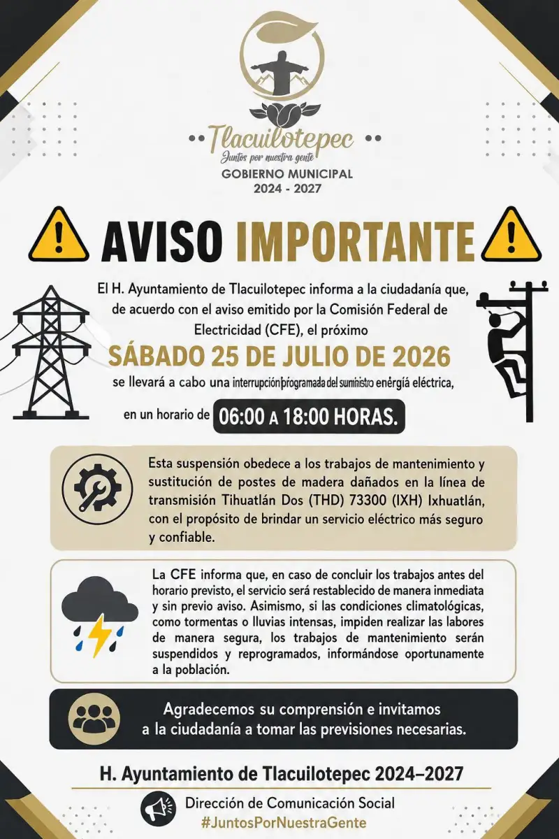 Prepárate para el corte de luz de 12 horas en Tlacuilotepec por trabajos de CFE | apagón CFE
