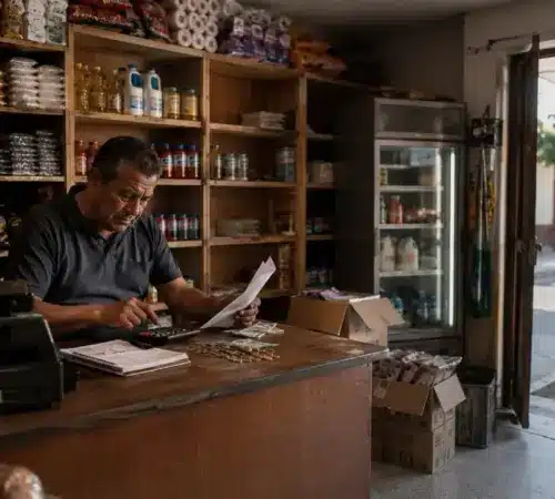 Tiendas de barrio luchan contra inflación e inseguridad para sobrevivir | Comerciante preocupado dentro de una tienda de barrio mexicana con estantes parcialmente vacíos reflejando la crisis provocada por la inflación la inseguridad y el aumento de los costos operativos